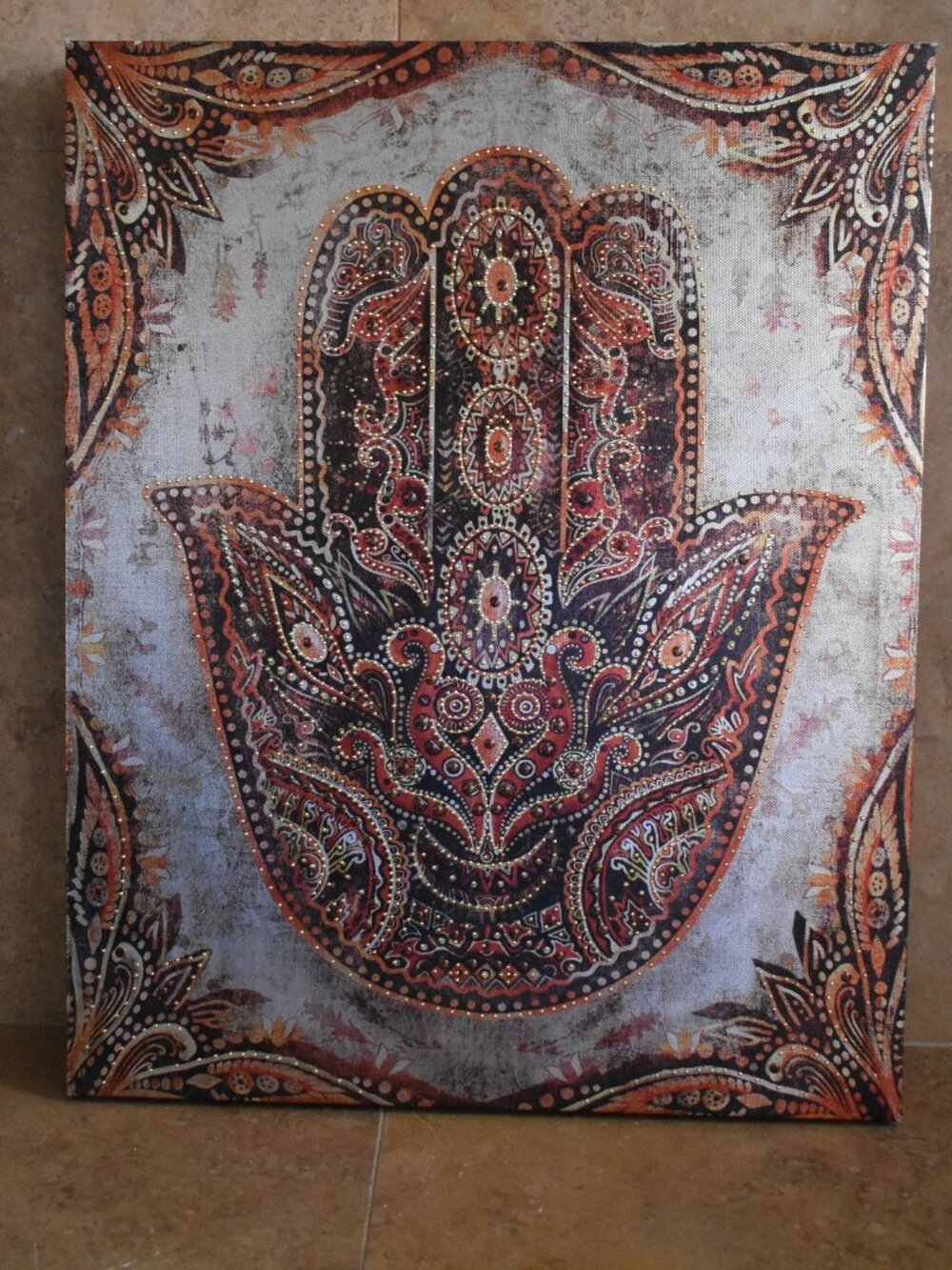 New Metalic Hand Of Fatima Gold Metal studs Hamsa Canvas Wall Art Frame 20"X16"